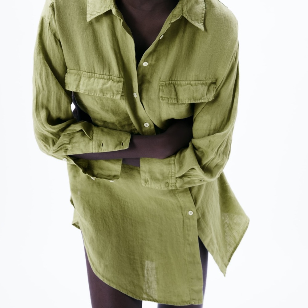 NWT ZARA 100% LINEN OVERSIZED GREEN SHIRT - Picture 3 of 14